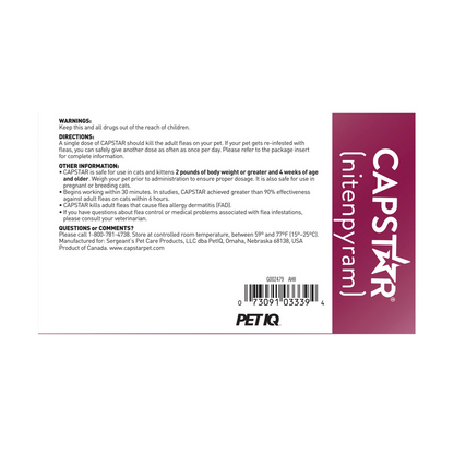 Capstar® Flea Oral Treatment for Cats,"Back of box with directions panel and barcode"