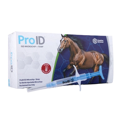 ProID® ISO Microchip + Temp 5ct. Lifetime Registration,"Box with horse image and blue syringe"