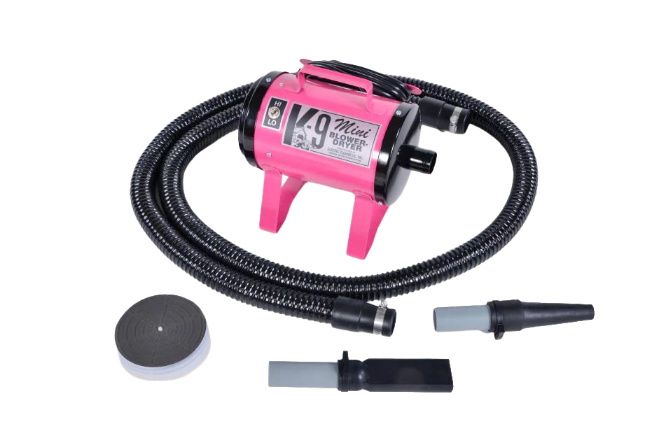 Mini K-9 Dog Dryer,"Pink dog dryer with hose and nozzle attachments"