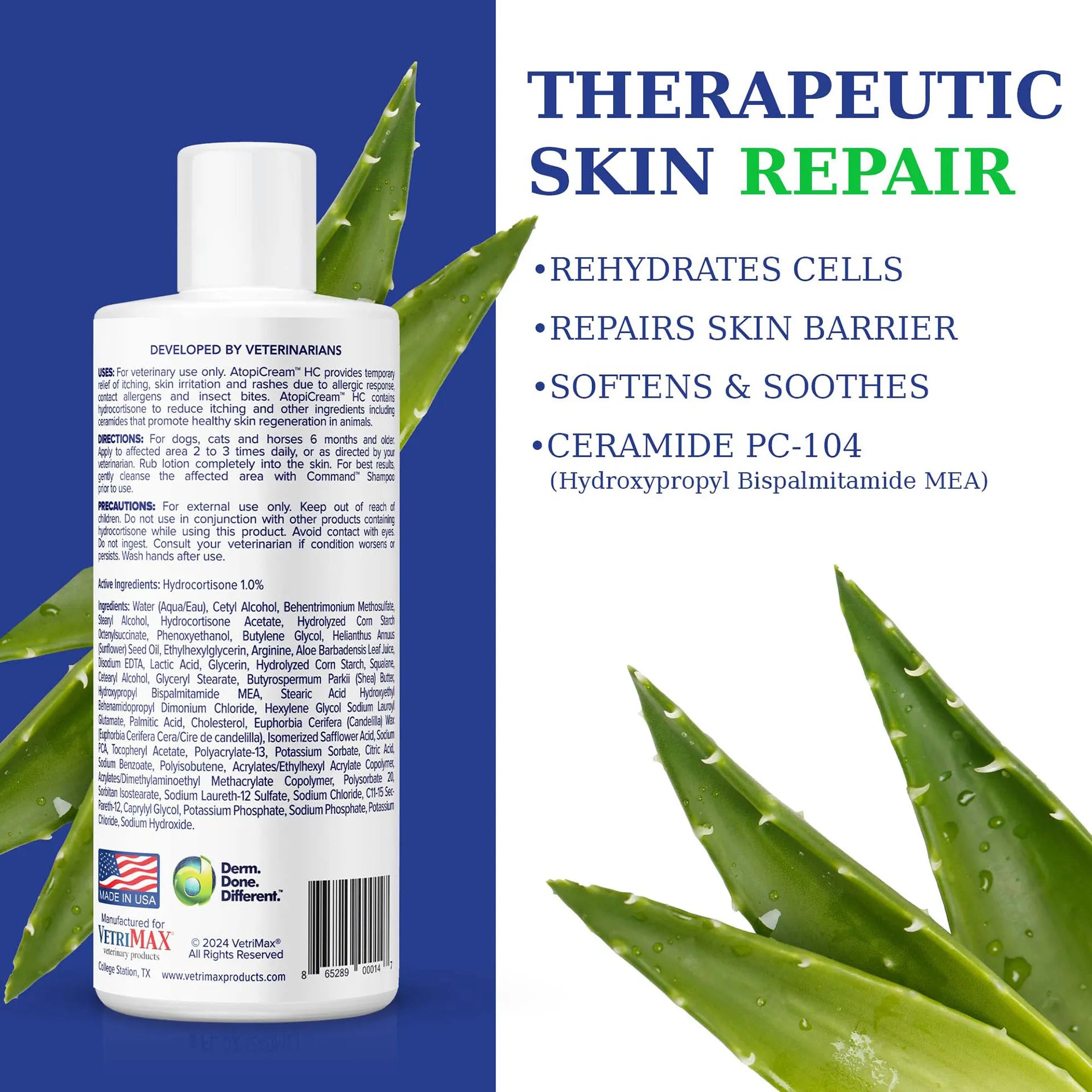 AtopiCream™ HC,"White bottle with back label beside aloe leaves"
