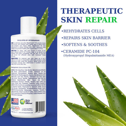 AtopiCream™ HC,"White bottle with back label beside aloe leaves"
