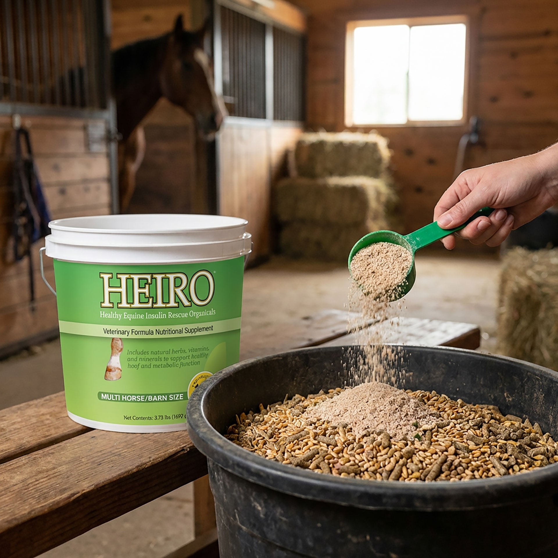 Heiro™,"Green supplement bucket beside horse feed tub with scoop pouring powder"