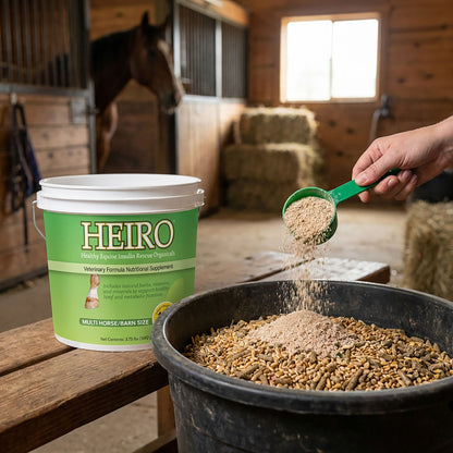 Heiro™,"Green supplement bucket beside horse feed tub with scoop pouring powder"