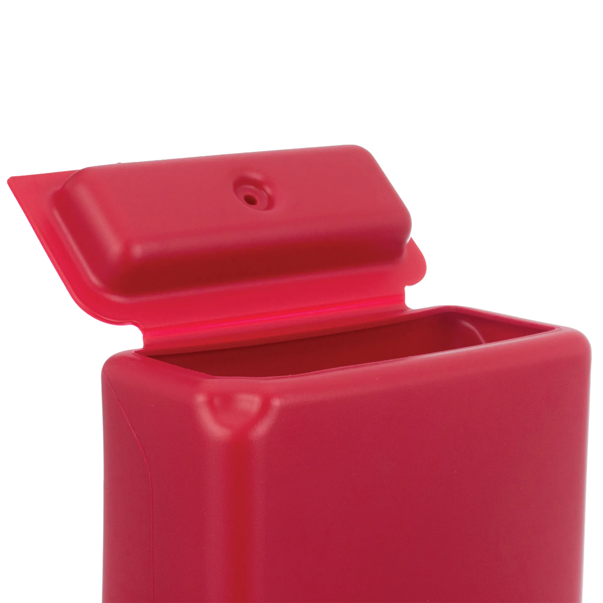 Kane Kennel Feeder,"Red feeder with hinged lid open"