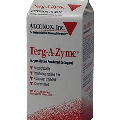 AV and Glass Cleaner, Tergazyme Detergent,"Box of powdered detergent with red and black label"