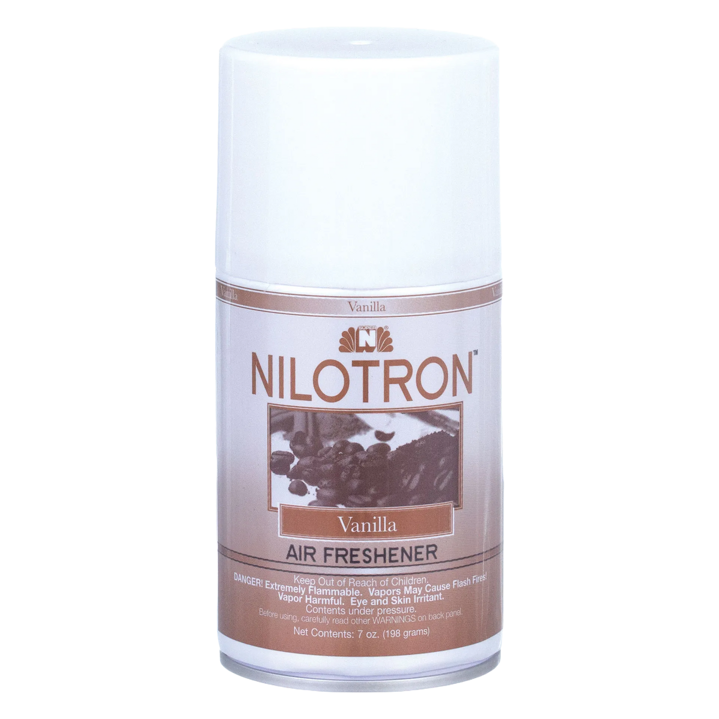 Nilodor Nilotron™ Designer Aerosols,"Aerosol spray can with white cap and brown vanilla label"