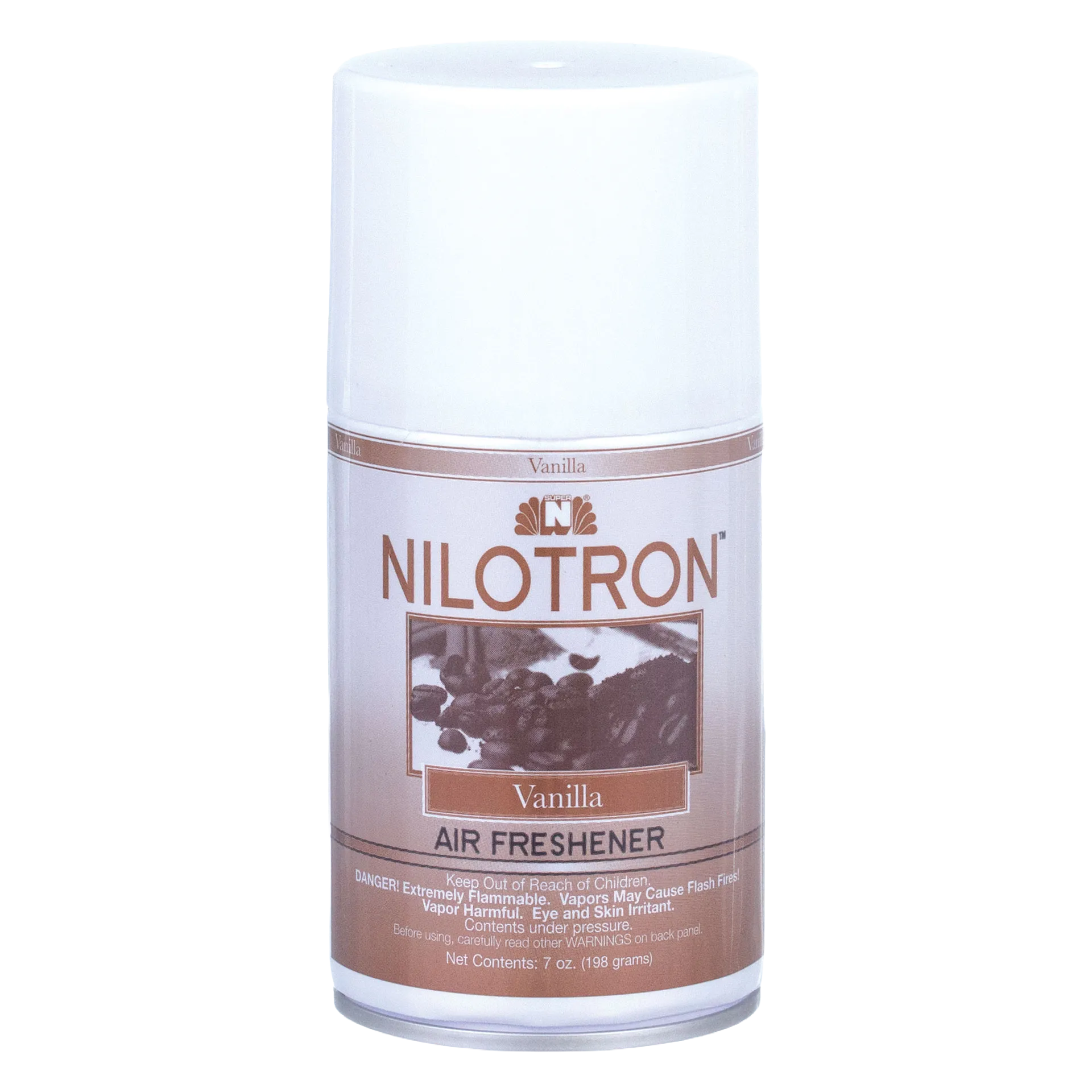 Nilodor Nilotron™ Designer Aerosols,"Aerosol spray can with white cap and brown vanilla label"