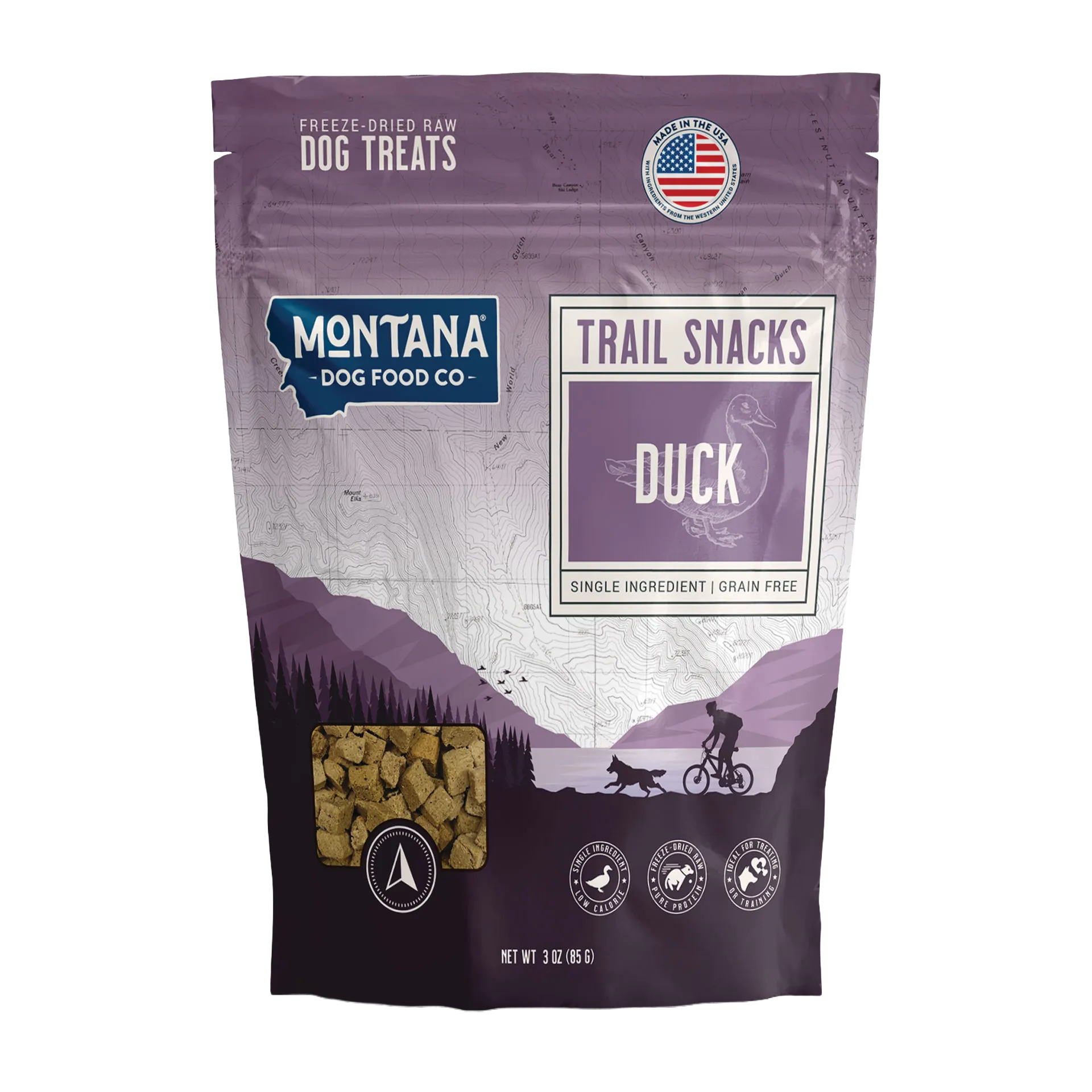Trail Snacks: Freeze-Dried Raw Dog Treats,"Purple treat bag with clear window showing cube-shaped treats"
