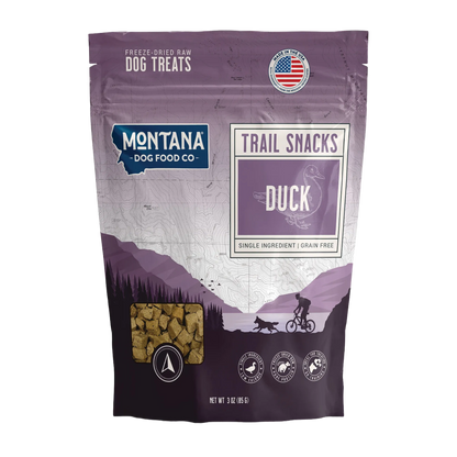 Trail Snacks: Freeze-Dried Raw Dog Treats,"Purple treat bag with clear window showing cube-shaped treats"
