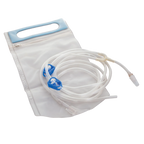 Flush Bag with Y-Junction,"Clear flush bag with coiled tubing and blue slide clamps"