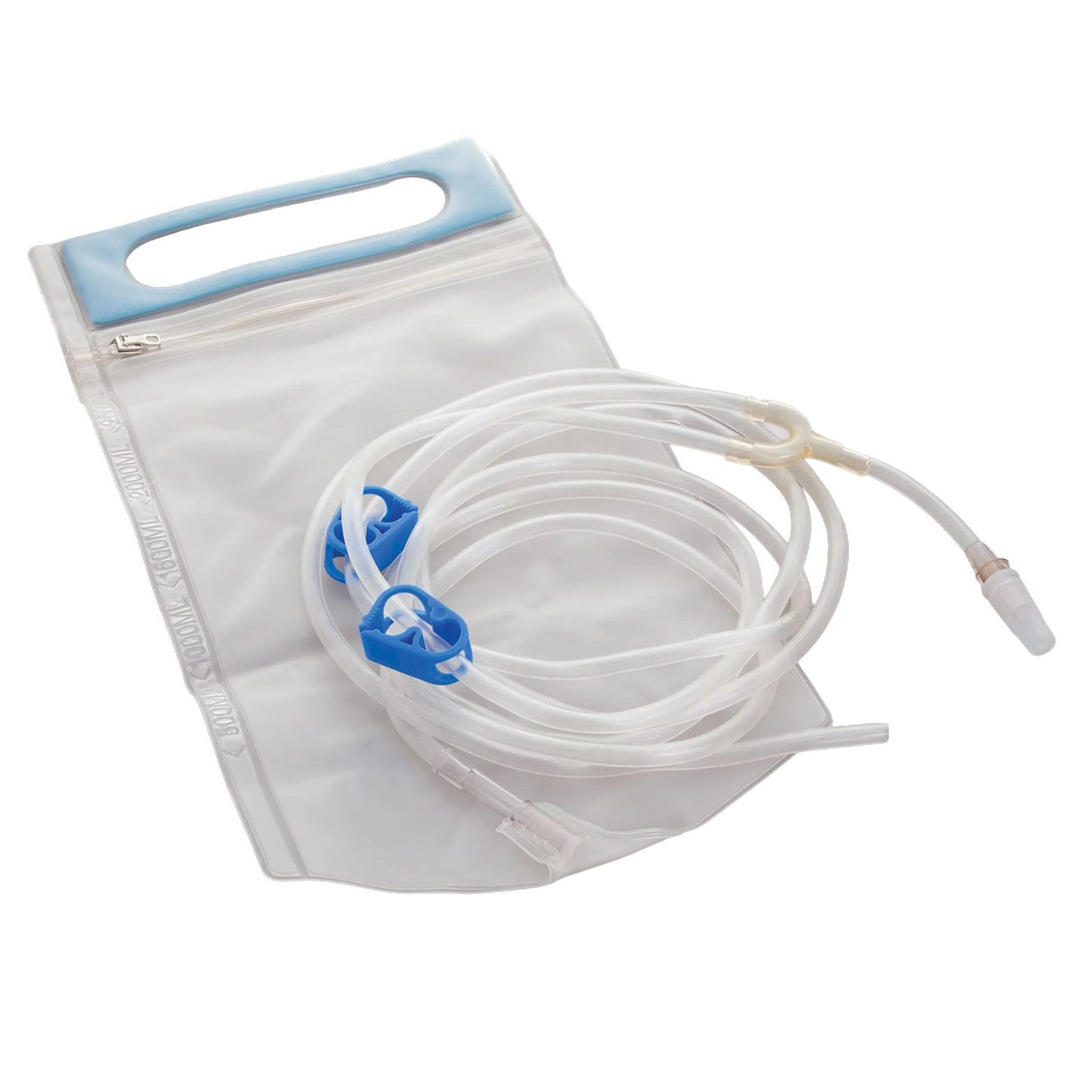 Flush Bag with Y-Junction,"Clear flush bag with coiled tubing and blue slide clamps"