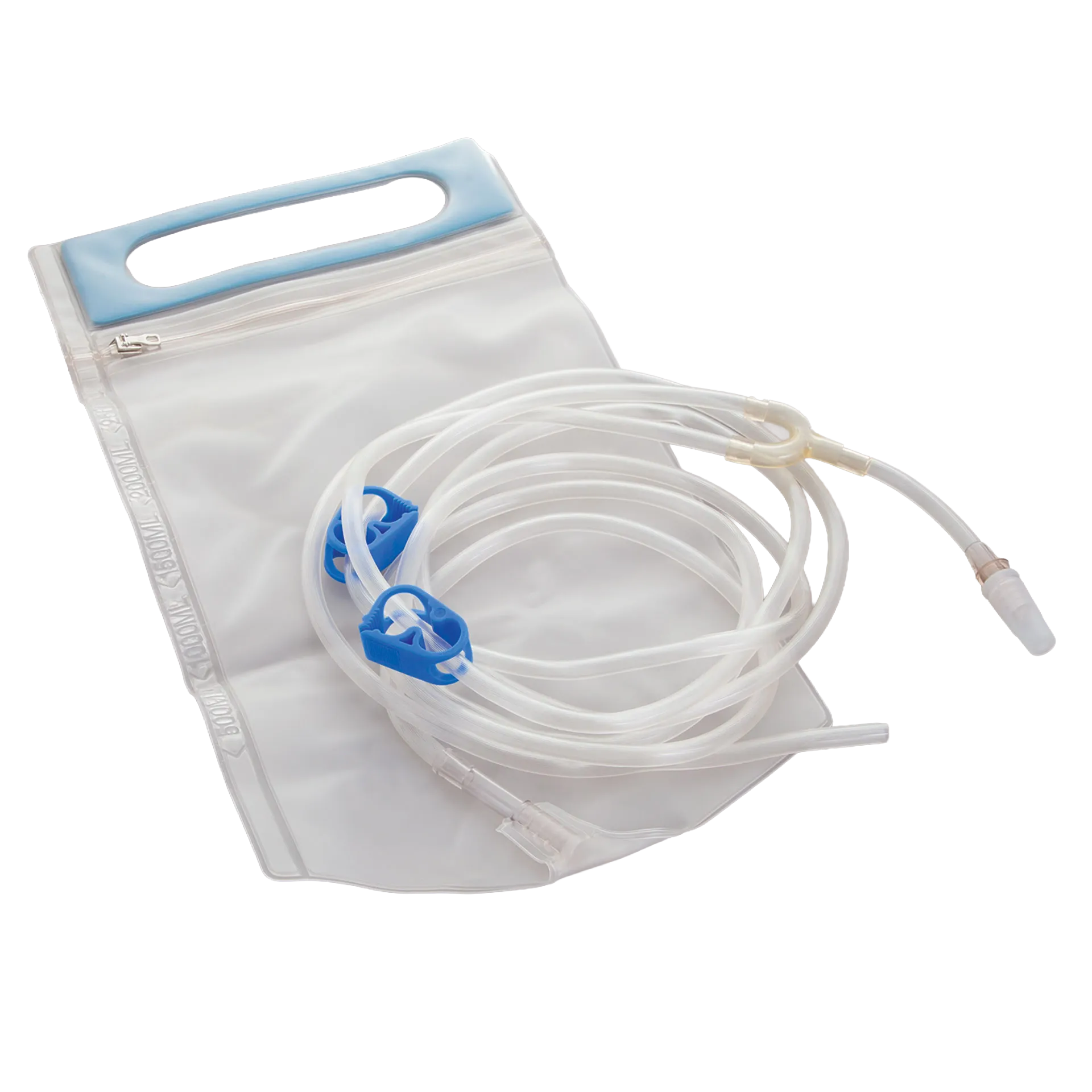 Flush Bag with Y-Junction,"Clear flush bag with coiled tubing and blue slide clamps"