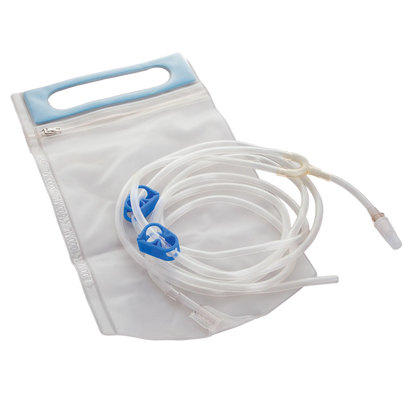 Flush Bag with Y-Junction,"Clear flush bag with coiled tubing and blue slide clamps"