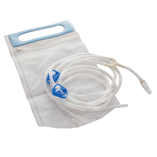 Flush Bag with Y-Junction,"Clear flush bag with coiled tubing and blue slide clamps"