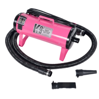 K-9 I Dog Dryer,"Pink cylindrical dog dryer with hose and nozzle attachment"