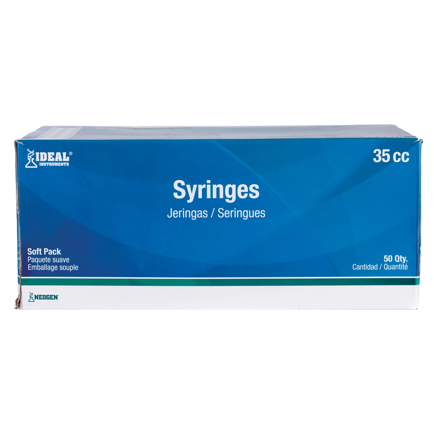 Large Syringes without Needles,"Blue box front view with large clear syringes"