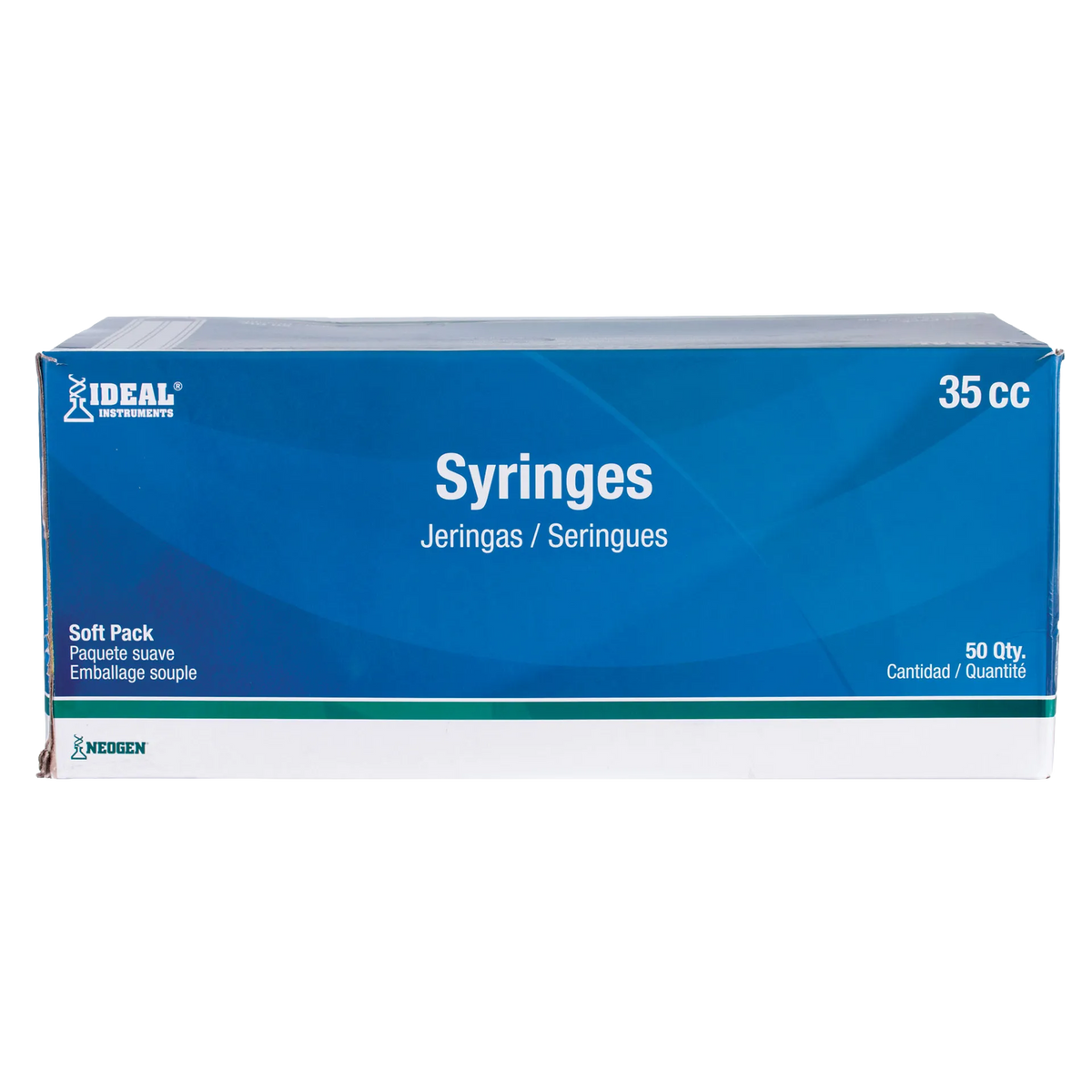Large Syringes without Needles,"Blue box front view with large clear syringes"