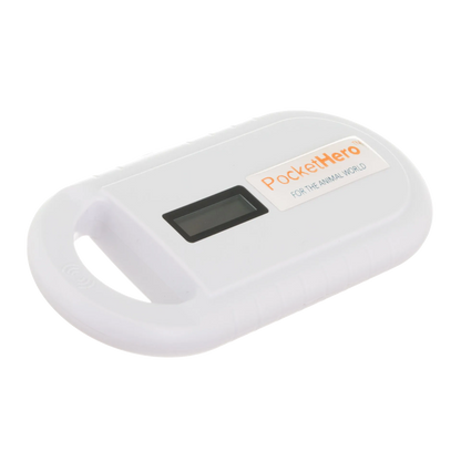Pocket Hero™ ISO Microchip Scanner,"White handheld scanner with small display screen"