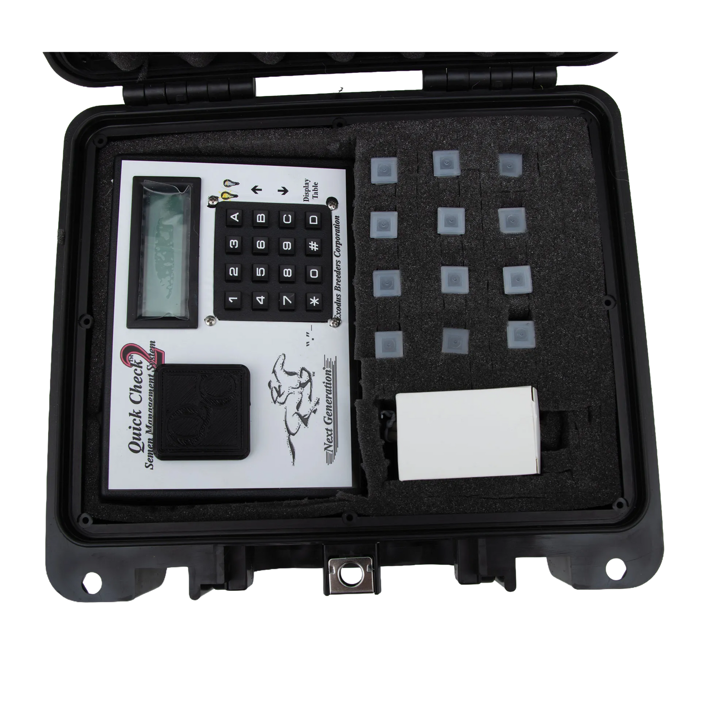 Quick Check Semen Counting System,"Open black carrying case with keypad unit, sample wells, and white accessory box"