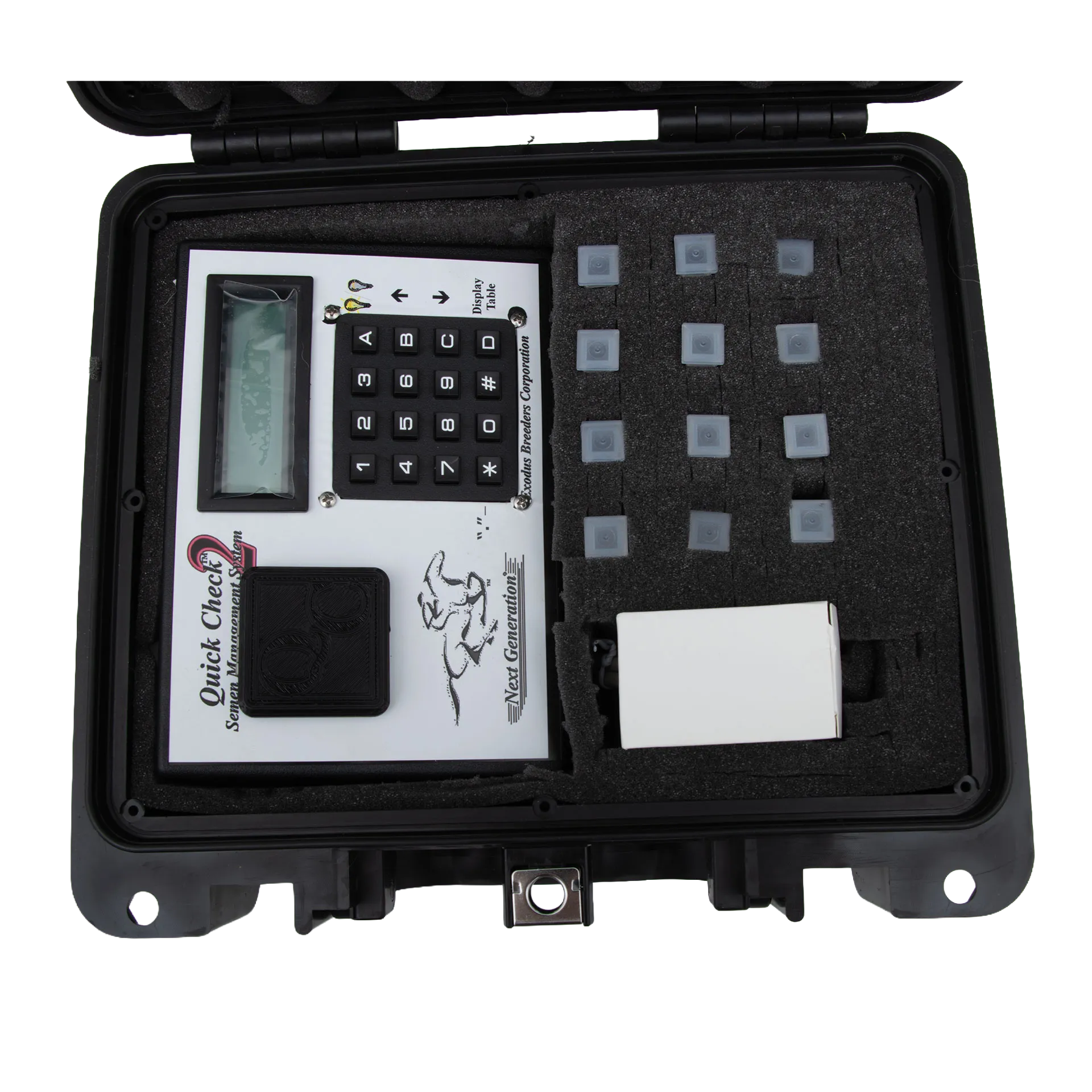 Quick Check Semen Counting System,"Open black carrying case with keypad unit, sample wells, and white accessory box"