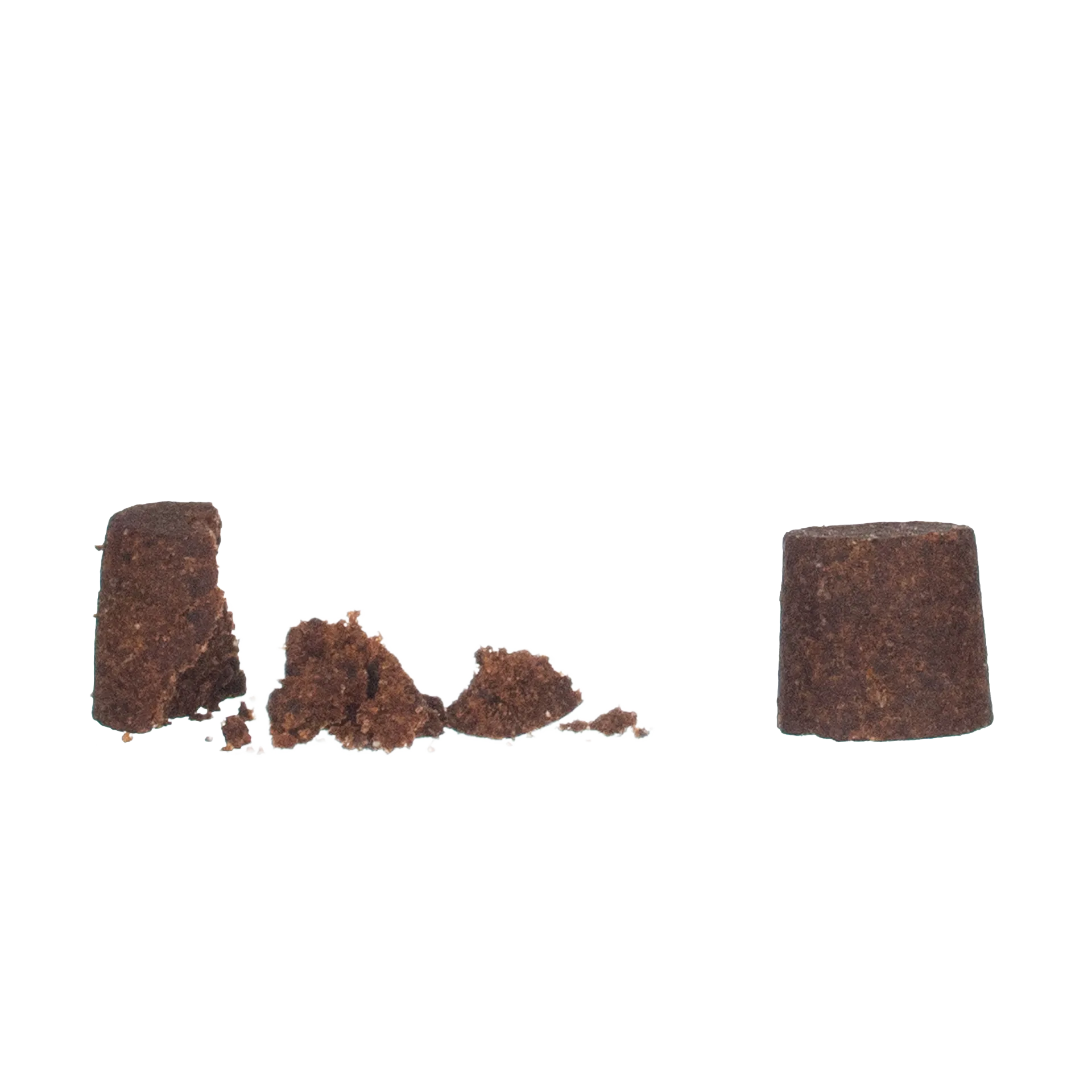 Doc Roy's® Derma Coat Plus,"Brown square chew pieces with crumbly texture"