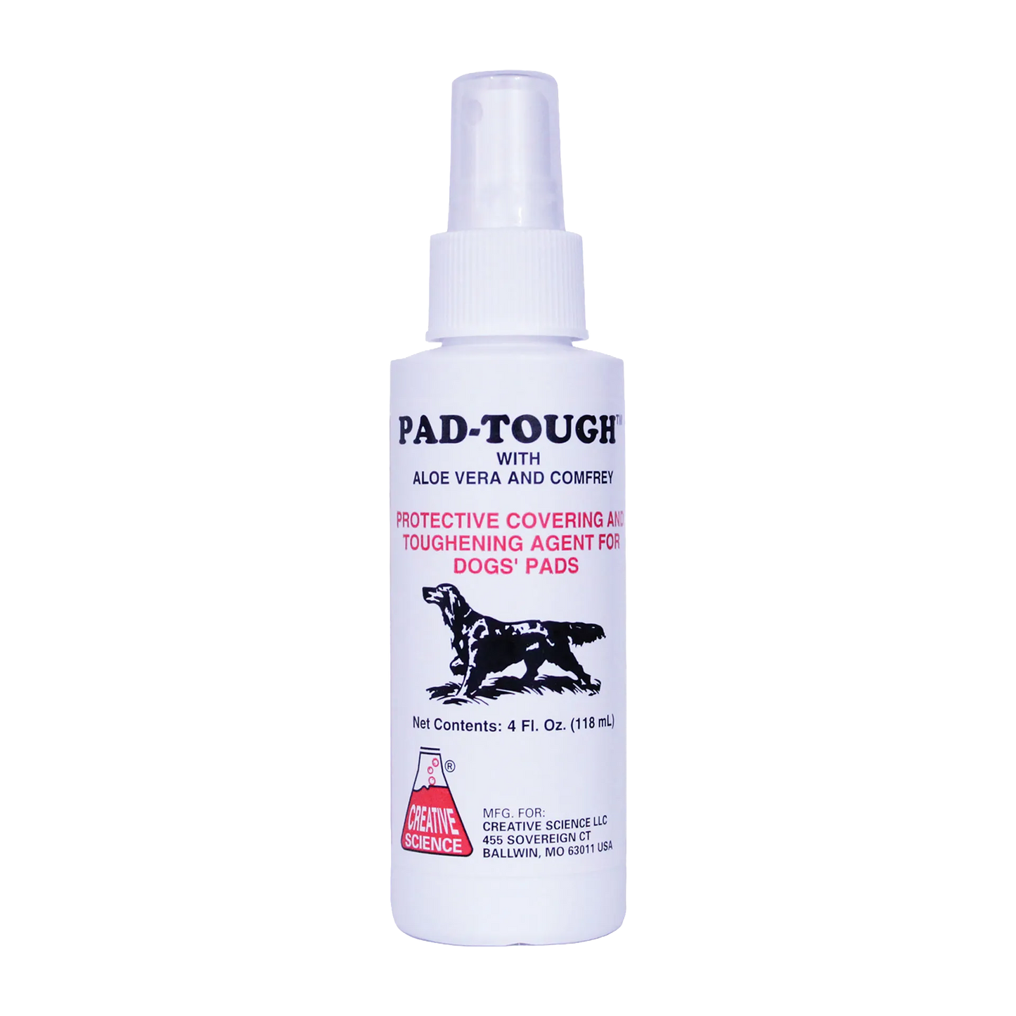 Pad-Tough™,"White spray bottle with clear cap and dog graphic label"