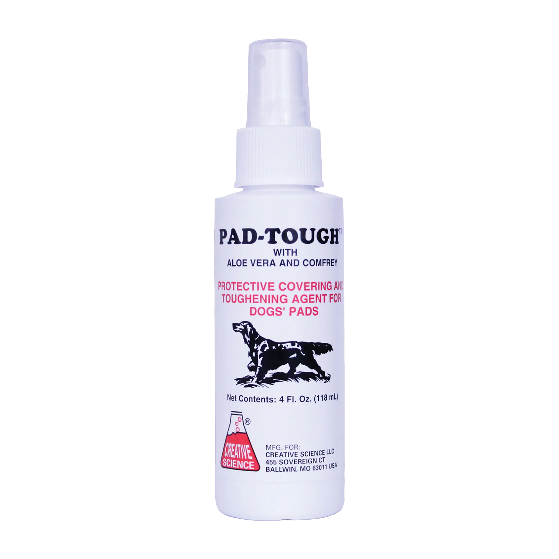 Pad-Tough™,"White spray bottle with clear cap and dog graphic label"