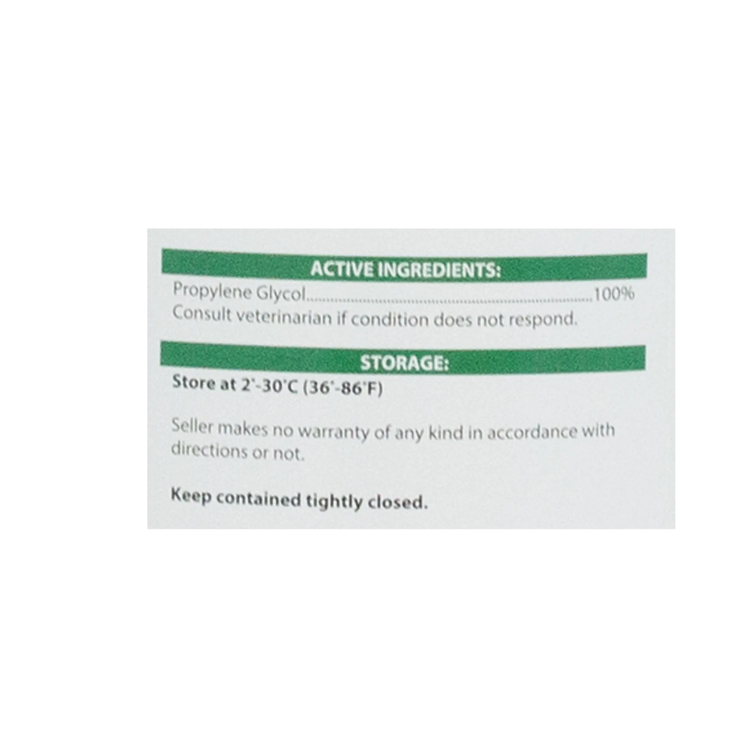 Propylene Glycol,"Close-up of label with green section headers"