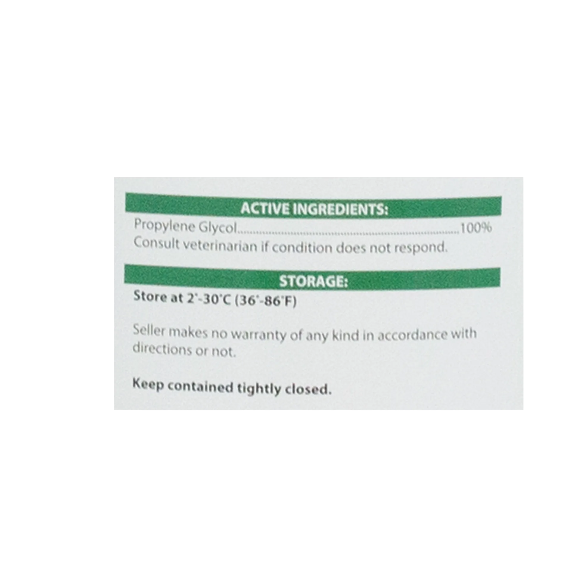 Propylene Glycol,"Close-up of label with green section headers"
