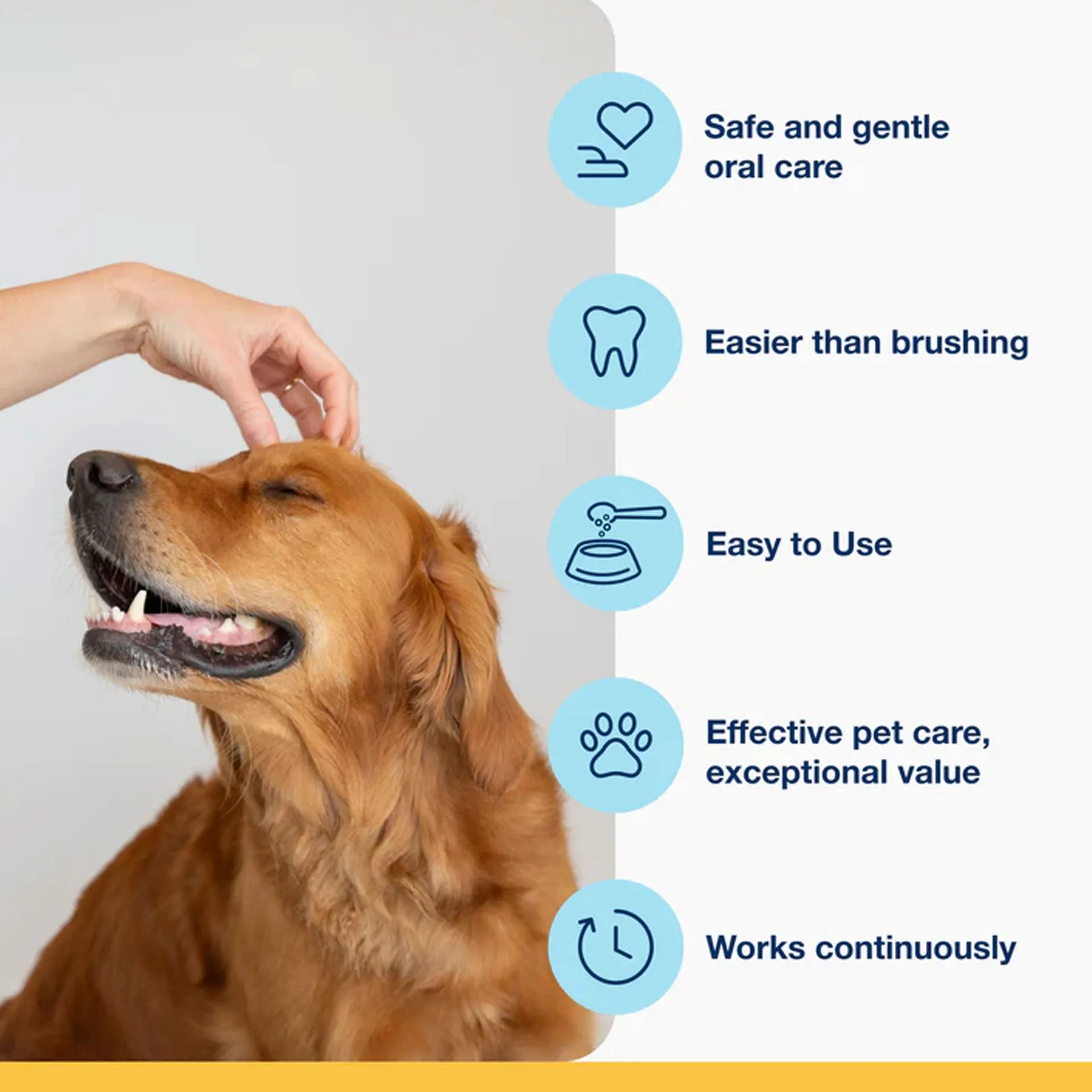 ProDen PlaqueOff® Powder,"Golden retriever being petted beside pet care icon list"
