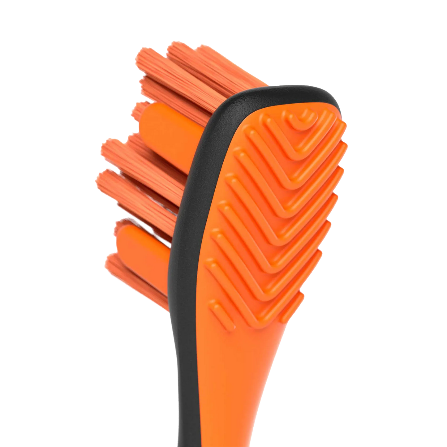 BrushMate Premium Toothbrush,"Close-up of orange toothbrush head with angled bristles"