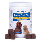 Doc Roy's® Derma Coat Plus,"White supplement jar with dog images and brown chew pieces"