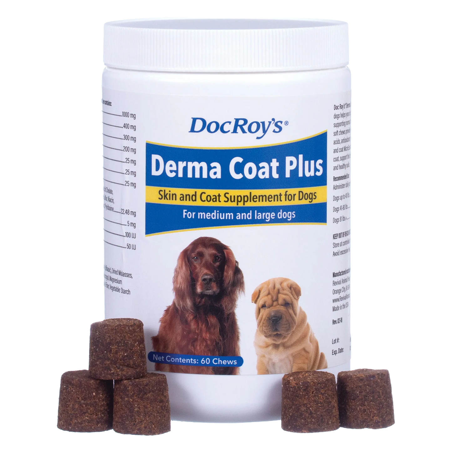 Doc Roy's® Derma Coat Plus,"White supplement jar with dog images and brown chew pieces"