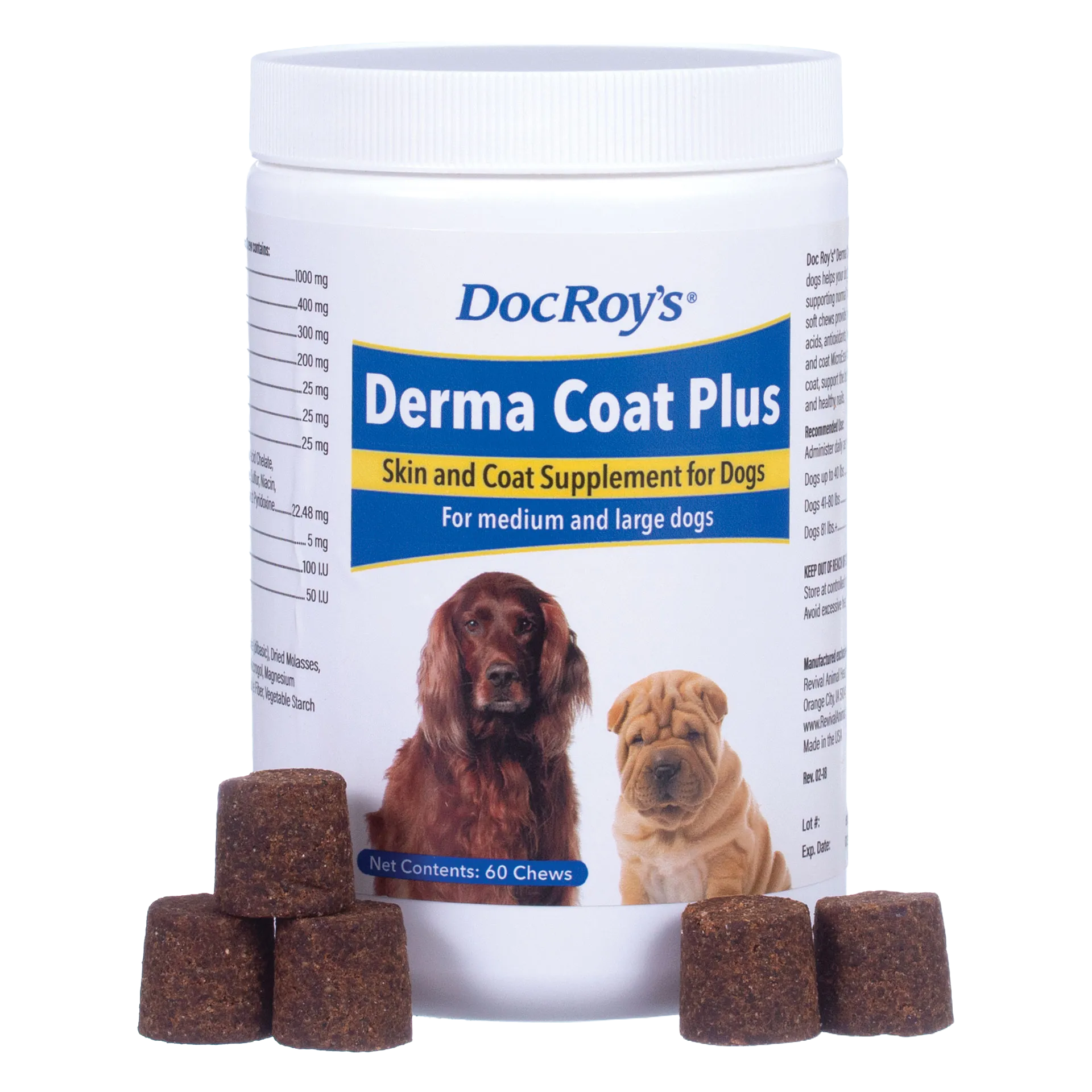 Doc Roy's® Derma Coat Plus,"White supplement jar with dog images and brown chew pieces"