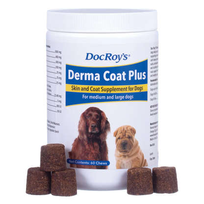 Doc Roy's® Derma Coat Plus,"White supplement jar with dog images and brown chew pieces"