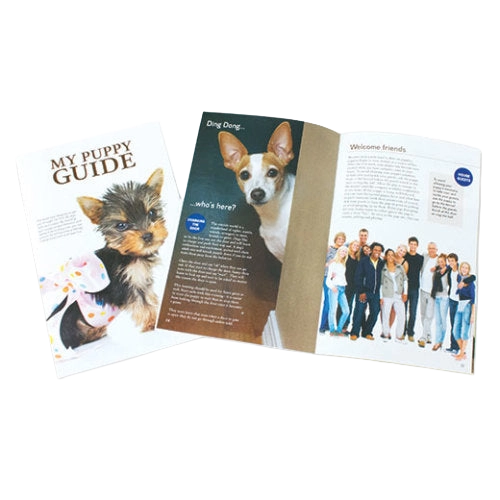 My Puppy Guide Booklet,"Open puppy guide booklet with dog cover and inside pages"