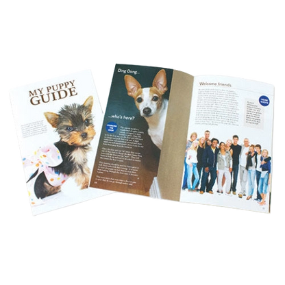 My Puppy Guide Booklet,"Open puppy guide booklet with dog cover and inside pages"