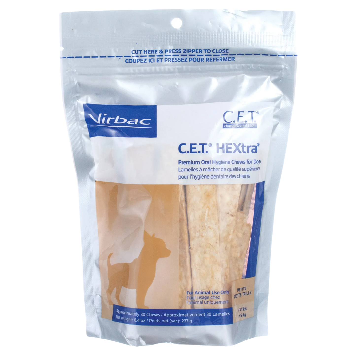 C.E.T.® HEXTRA® Premium Chews for Dogs,"Resealable stand-up pouch with visible dog chews"