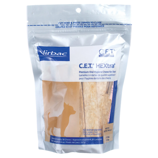 C.E.T.® HEXTRA® Premium Chews for Dogs,"Resealable stand-up pouch with visible dog chews"