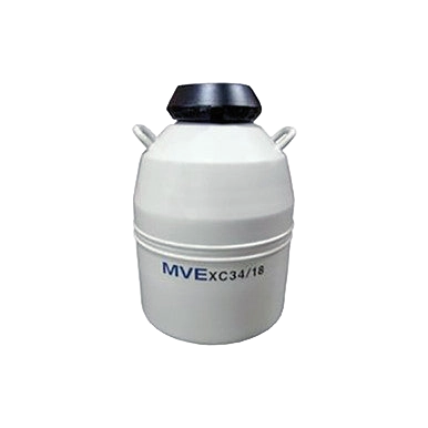 "MVE XC 34/18 - 34.8 liter/123 day tank - holds 2,100 - 1/2 mL straws, bulk 3,300","White cylindrical tank with black lid and side handles"