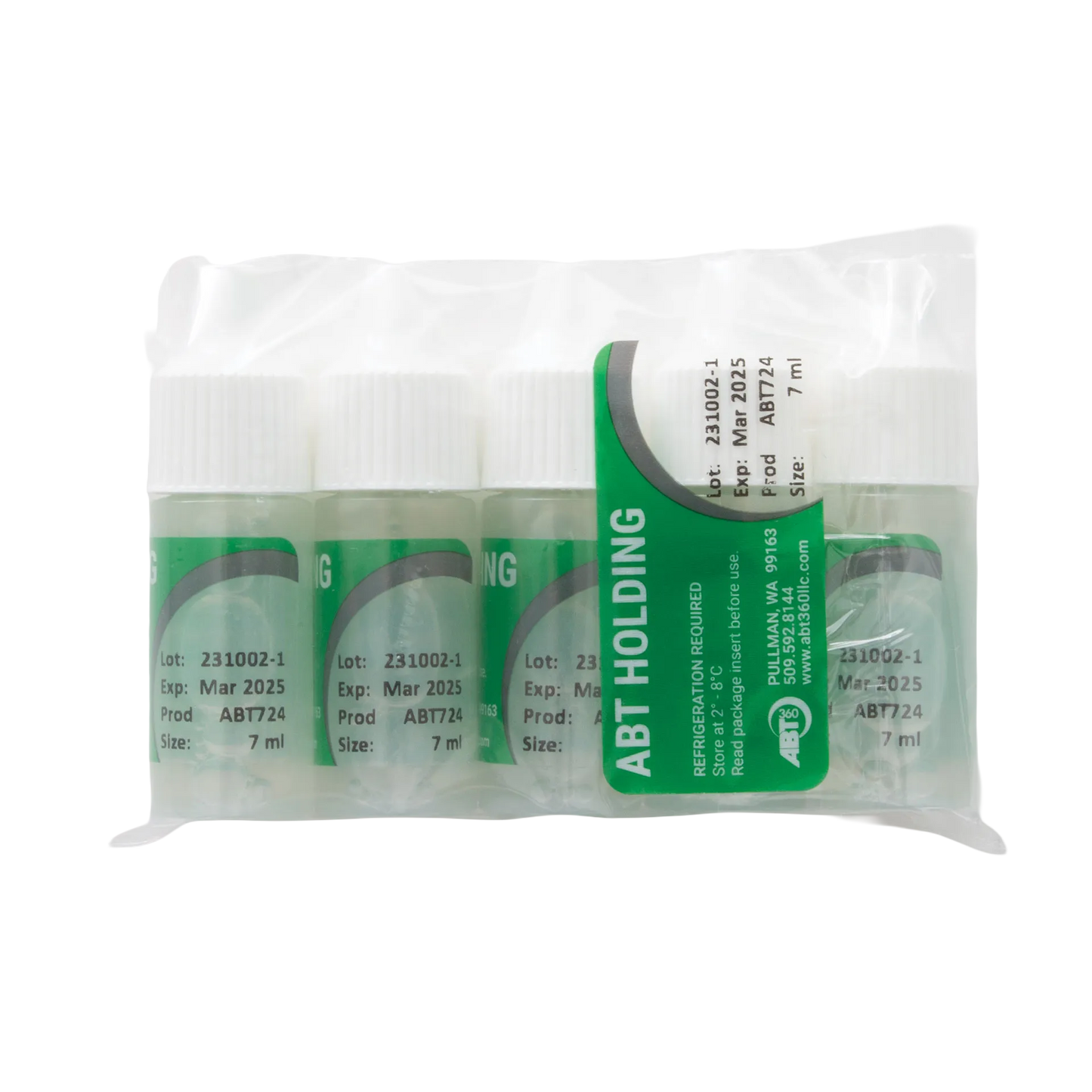 ABT360 Holding Media,"Shrink-wrapped tray of small clear vials with white caps"