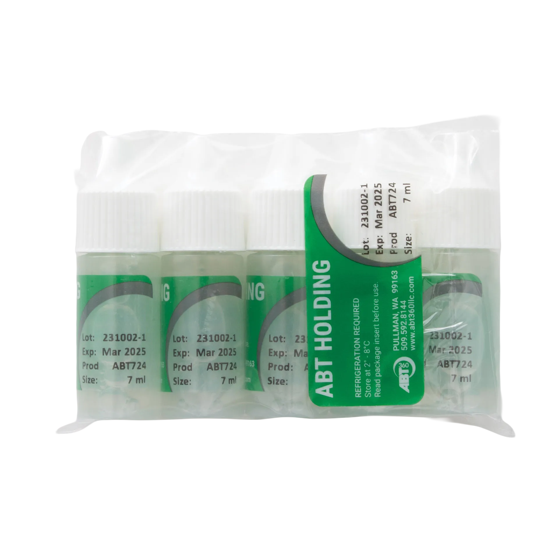 ABT360 Holding Media,"Shrink-wrapped tray of small clear vials with white caps"