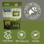 Trail Snacks: Freeze-Dried Raw Dog Treats,"Green stand-up pouch with window showing cube-shaped treats"