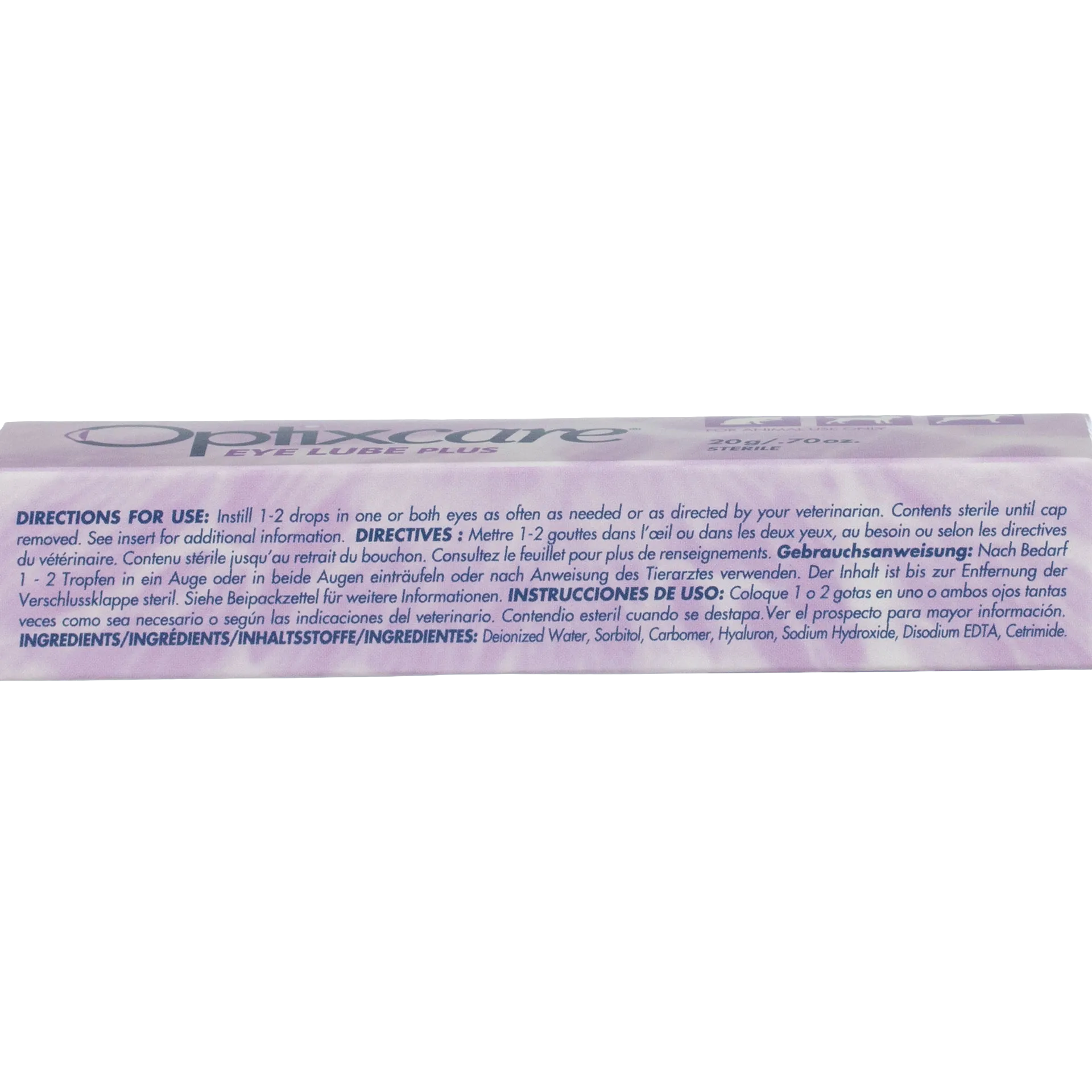"OptixCare® Eye Lube Plus for Dogs, Cats, and Horses","Side view of boxed eye drops packaging with directions panel"