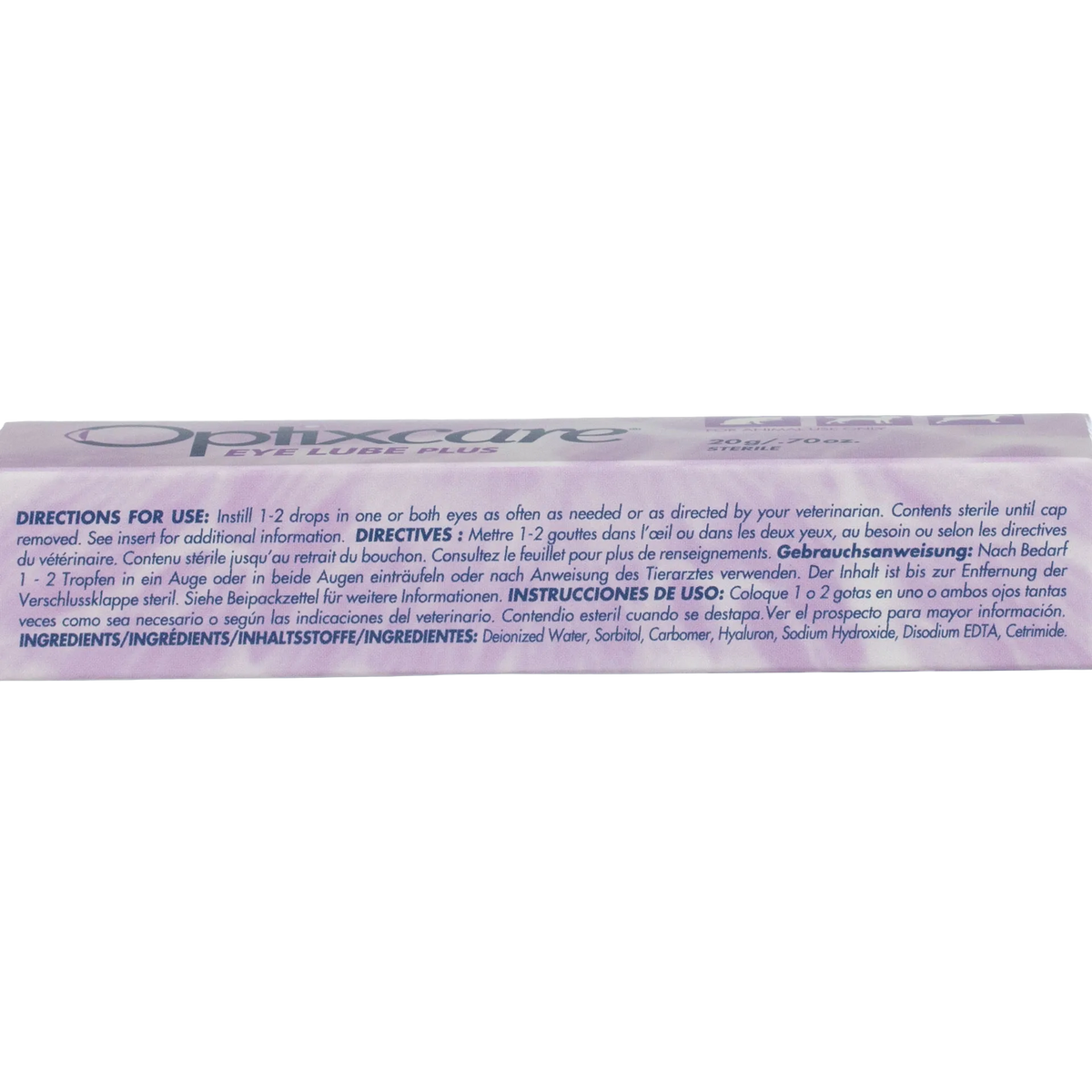 "OptixCare® Eye Lube Plus for Dogs, Cats, and Horses","Side view of boxed eye drops packaging with directions panel"