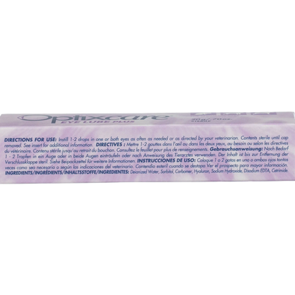 "OptixCare® Eye Lube Plus for Dogs, Cats, and Horses","Side view of boxed eye drops packaging with directions panel"