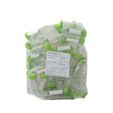 50 ml VWR Ultra High Performance Centrifuge Tubes Sterile, Conical End,"Bag of clear conical centrifuge tubes with green caps"