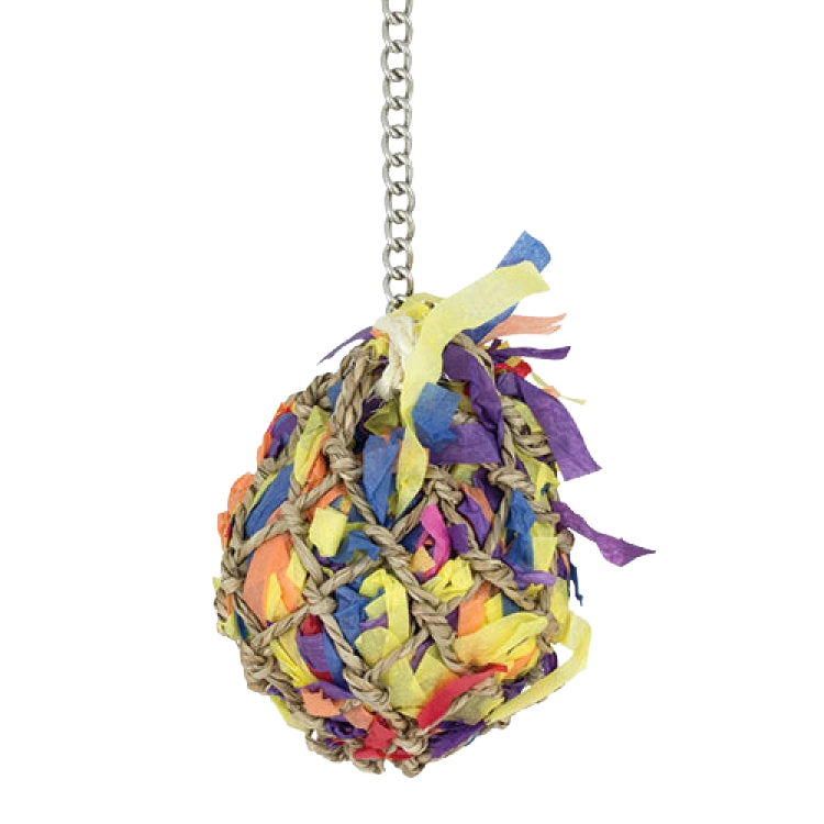 Super Shredder Ball,"Hanging woven ball toy with multicolor paper strips"