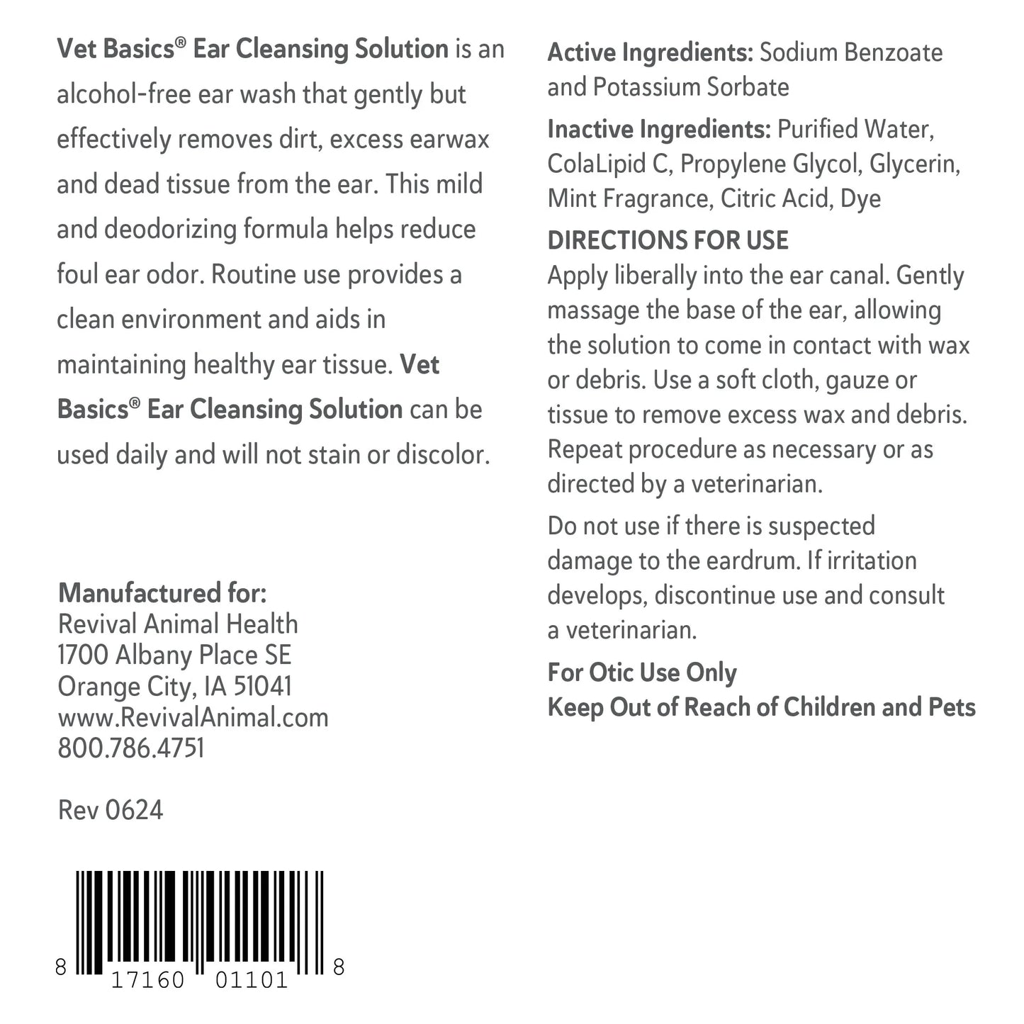 Vet Basics® Ear Cleansing Solution,"Back label view of bottle with directions and barcode"