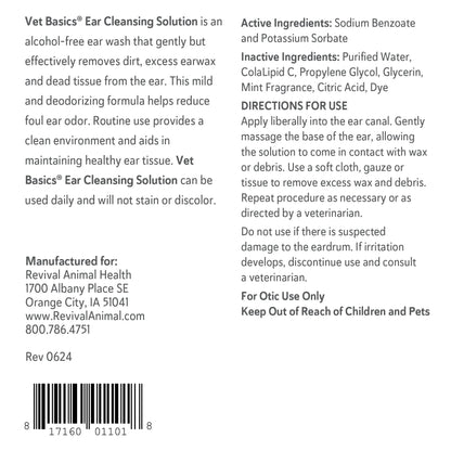 Vet Basics® Ear Cleansing Solution,"Back label view of bottle with directions and barcode"